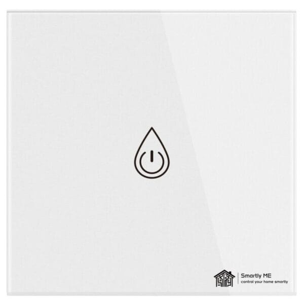 Front view of the Smartly ME 40A Smart Water Heater Switch in white with touch panel and WiFi indicator light